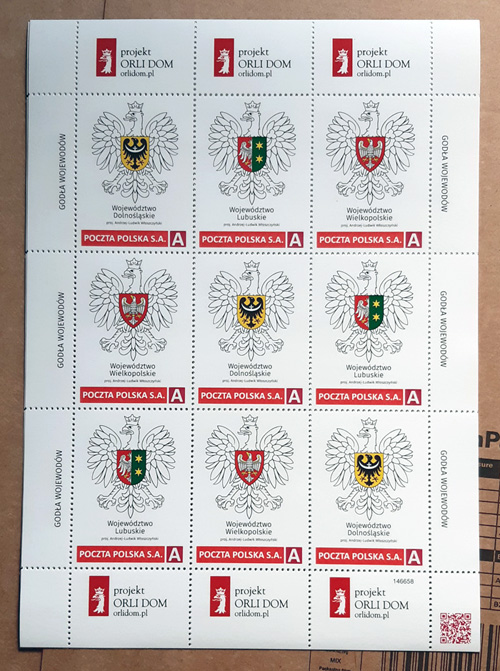 arkusik serii znaczków pocztowych "Godła wojewodów" z projektu Orli Dom: wielkopolskiego, dolnośląskiego i lubuskiego